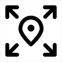 A black and white icon with arrows pointing to a location vector