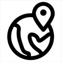 A black and white icon of a globe with a pin on it vector