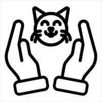 A black and white icon of a cat in the hands of two hands vector
