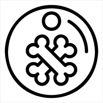 A black and white outline of a bone and cross