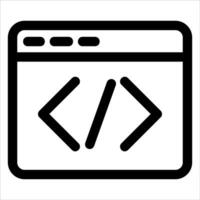 A black and white icon of a computer screen with a code symbol vector