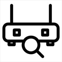 A black and white icon of a computer with a magnifying glass vector