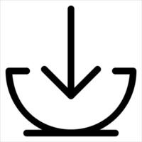 A black and white icon of a bowl with a arrow pointing down vector