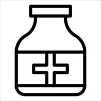 A bottle with a cross on it is shown in black and white vector