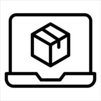 A black and white icon of a laptop with a box on it vector