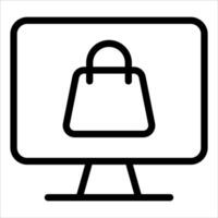 A black and white icon of a shopping bag on a computer monitor vector