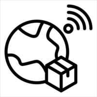 A black and white icon of a box with a globe and wifi vector