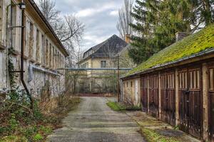 Abandoned courtyard buildings with weathered facades and overgrown garages photo