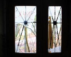 Shattered glass window with intricate metal design in an abandoned door photo