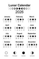 Moon calendar 2026 and Moon Phases. Lunar phases schedule and cycles, poster template design printable in black and white color, illustration isolated on white background vector