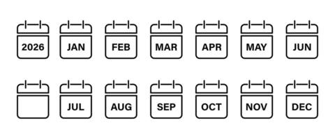 calendar 12 months icon set 2026. every month calendar icons. month name in calendar icon, illustration. vector