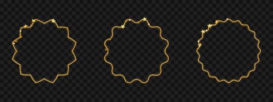 Golden glitter circle with wavy edge and stars. Elegant thin frame for celebration template or badge. illustration on transparent background vector