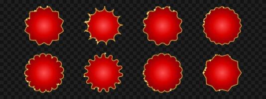 Set of red circular frames with glittery gold edges in various wavy and zigzag shapes. Suitable for labels, stickers, tags, or decorations. vector