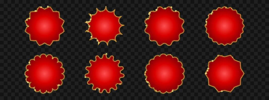 Set of red circular frames with glittery gold edges in various wavy and zigzag shapes. Suitable for labels, stickers, tags, or decorations.