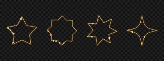 Star shaped gold borders with glitter texture. Golden design on dark background. Decorative luxury frame elements with elegant shine. vector