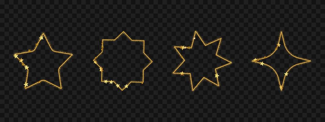 Star shaped gold borders with glitter texture. Golden design on dark background. Decorative luxury frame elements with elegant shine.