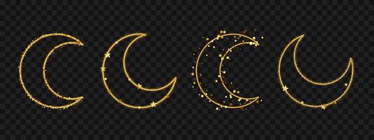 Set of 4 crescent moon illustrations with gold glitter and star details. design with decorative sparkle elements on dark transparent background. vector