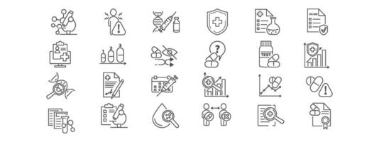 Set of icons illustrating medical trials. Includes elements of study, research, testing, and clinical procedures. Covers placebo, consent, and control group. For clinical or learning use. vector