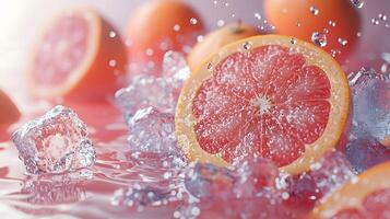 Fresh Pink Grapefruit Slices with Ice and Water photo