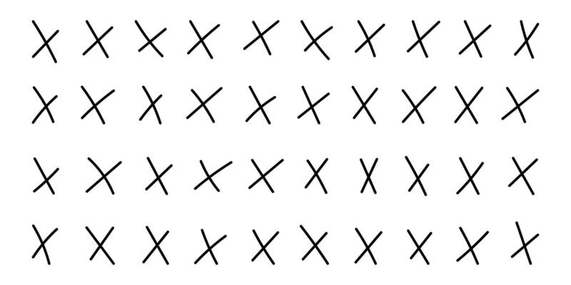 Hand drawn black crosses. Strikethrough x lines. Child crayon brush handwritten. Marker stroke, pen scribble. Grunge chalk cross set. Doodle isolated illustration on white background