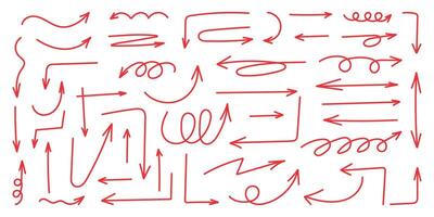 Squiggly red arrow set. Chalk elements in flat style. Doodle movement spiral arrows, scribble, lines. Hand drawn pencil brush for icon, children sketch. illustration on white backgroun vector