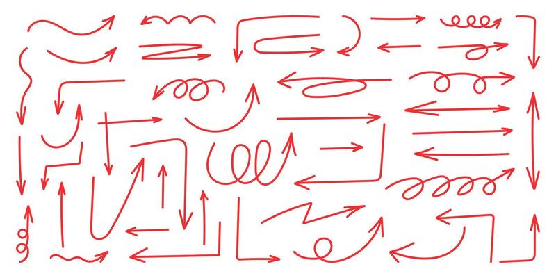Squiggly red arrow set. Chalk elements in flat style. Doodle movement spiral arrows, scribble, lines. Hand drawn pencil brush for icon, children sketch. illustration on white backgroun