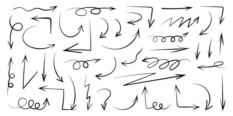 Squiggly black arrow set. Doodle movement spiral lines, flat elements. Pencil brush arrows for icon, sketch, texture. Hand drawn childish strokes. Isolated illustration on white background.