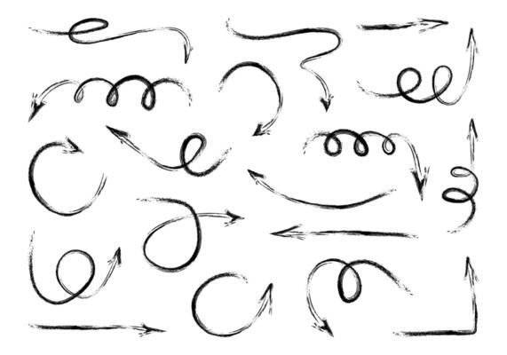 Squiggly black arrow set. Doodle movement spiral lines, elements. Pencil brush arrows for icon, sketch, texture. Hand drawn childish strokes. Isolated flat illustration on white background.