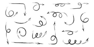 Crayon squiggly black arrow set. Doodle movement spiral lines, elements. Pencil brush arrows for icon, sketch, texture. Hand drawn childish strokes. Isolated illustration on white background. vector