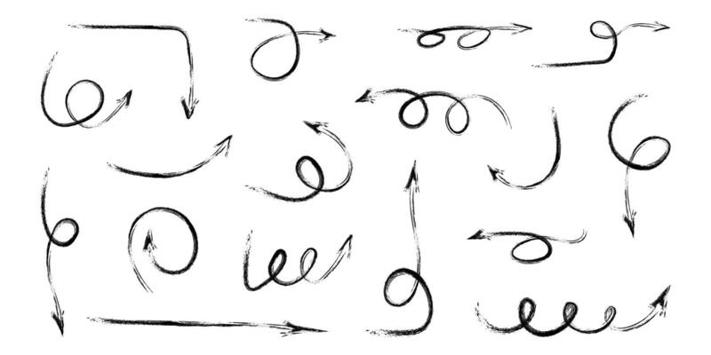 Crayon squiggly black arrow set. Doodle movement spiral lines, elements. Pencil brush arrows for icon, sketch, texture. Hand drawn childish strokes. Isolated illustration on white background.