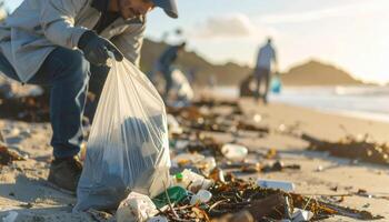 Man wearing gloves collects garbage into a plastic bag on a sandy beach. Volunteer cleans up trash and plastic waste to protect the environment. Beach cleanup concept. photo