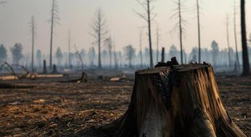 Charred tree stump in foreground of forest devastated by wildfire, showing environmental damage and climate change impact. photo