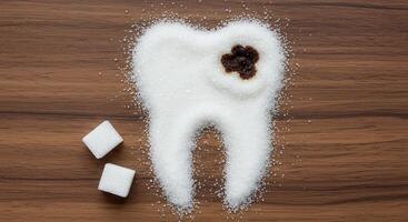 Tooth made of sugar with cavity on wood background. Dental health concept showing the negative effects of sugar on teeth and potential for tooth decay. photo