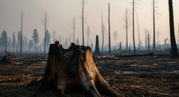 Close up of a charred tree stump in a forest devastated by wildfire with smoke and burnt trees in the background. photo