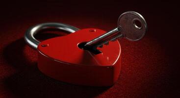 Close up studio shot of a red heart shaped padlock resting on a velvet red surface. The lock is positioned in the center with a tarnished key inserted. photo