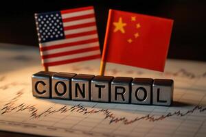 Estados Unidos y China banderas con controlar dado en un valores cuadro, simbolizando económico o político influencia y competencia Entre el dos naciones en el global mercado. foto
