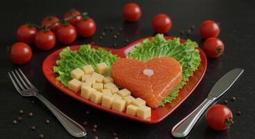 Heart shaped salmon fillet on a red heart plate with cheese cubes, lettuce, and cherry tomatoes. photo