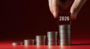 Hand places a cube with 2026 on top of a stack of coins, showing financial growth and future planning for the year 2026. photo