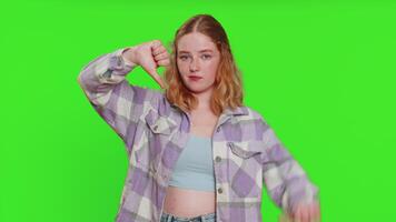 Upset woman girl showing thumbs down gesture disapproval dissatisfied dislike negative feedback video