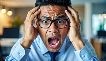 Businessman with glasses clutching head in panic or shock, mouth open wide, eyes wide, showing stress and overwhelm in an office setting. photo