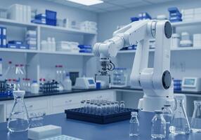 Robotic arm manipulates vials in a laboratory setting, showcasing automation in pharmaceutical research and development, with flasks and equipment visible. photo