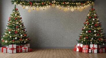 Two decorated Christmas trees with lights, ornaments, and gifts against a gray wall with a garland. Festive holiday scene with copy space. photo