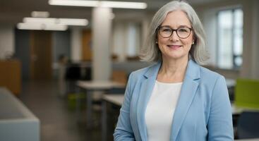 Portrait of a smiling mature businesswoman with gray hair wearing glasses and a blue suit in an office environment. Leadership and confidence concept. photo
