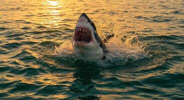 Great white shark with open mouth jumps out of the water during golden hour. Predator in natural habitat, ocean wildlife and marine life concept. photo
