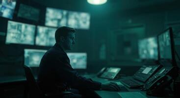 Security guard monitoring surveillance cameras at control center. Man works at computer in dark room. Security system operator. CCTV control and data protection concept. photo