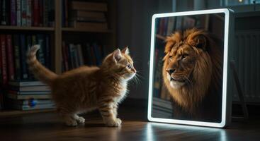 Ginger tabby kitten looks at a mirror with a lion reflection. Concept of self confidence, aspiration, inner strength, and motivation to achieve goals. photo