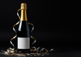 Elegant champagne bottle on a black background with gold foil, ribbon and confetti. Ideal for celebrations, New Year Eve, or festive events. photo