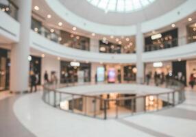 Blurred interior of a modern shopping mall with multiple levels and a central open space. Retail stores line the walkways. Abstract and anonymous scene. photo