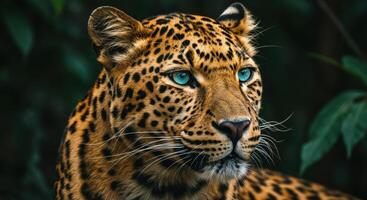 Close up of a leopard with striking blue eyes, its spotted fur contrasting with the dark green foliage in the background. Wildlife concept. photo