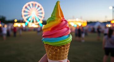 Colorful rainbow ice cream cone at summer night carnival with ferris wheel and blurred people in background. Sweet treat at fairground event. photo